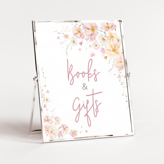 Poster Bebê Flor Silvestre em Flor Livros e Presentes (Baby in Bloom Baby Shower Books and Gifts Sign)
