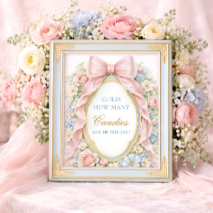 Poster Bebê Floral com Laço Rosa Adivinhe Quantos Doces