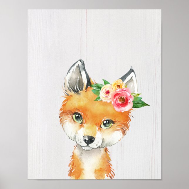 Poster Bebê Floral De Aquarela, Animais Da Floresta (Frente)