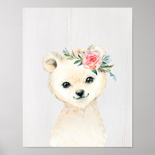 Poster Bebê Floral Neve Urso Polar De Aquarela