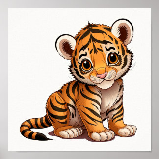 Poster Bebê fofo de tigre pequeno sentado em um fundo bra