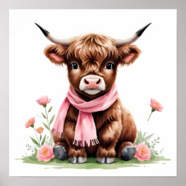 Poster Bebê Fofo de Vaca das Terras Altas com Flores