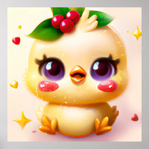 Poster Bebê Frango Kawaii Fofo com Azevinho