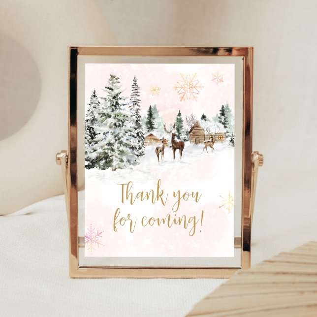 Poster Bebê Frio Fora do Inverno Obrigado por vir (Winter Wonderland Baby Shower Thank You for Coming Sign)