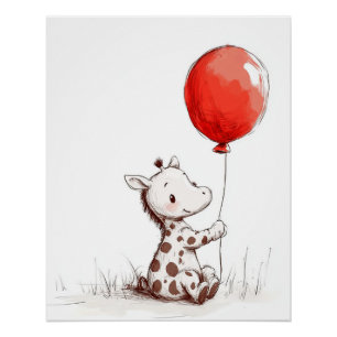 Póster Bebê Girafa Adorável com Balão Vermelho
