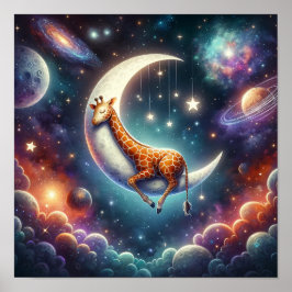 Poster Bebê Girafa Celestial Dormindo na Lua e Estrelas