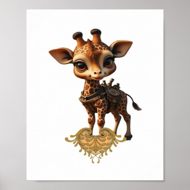 Poster Bebê girafa em estilo cartoon steampunk Camiseta C (Frente)