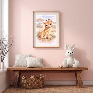 Poster Bebê Girafa Fofa Comendo Sala de Berçário Neutra I