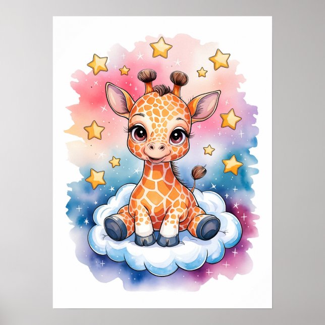 Poster Bebê Girafa Sonhadora em uma Nuvem - Aquarela (Frente)