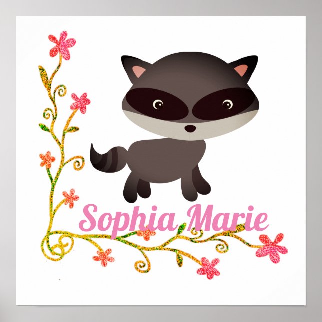 Poster Bebê-guaxinim bonito com flores (Frente)