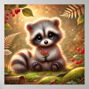 Poster Bebê Guaxinim Fofo com Frutas Vermelhas – Floresta