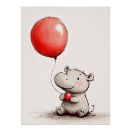 Póster Bebê Hipopótamo Fofo com Balão Vermelho