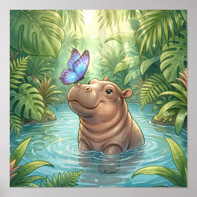 Poster Bebê Hipopótamo Fofo com Borboleta para Decoração  (Frente)