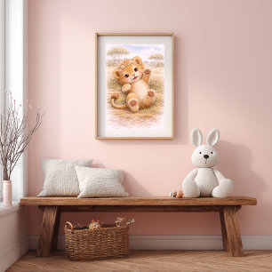 Poster Bebê Leão Fofo Brincando Quarto Infantil Crianças