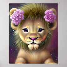 Bebê Leão Fofo com Gráfico de Flores Rosas