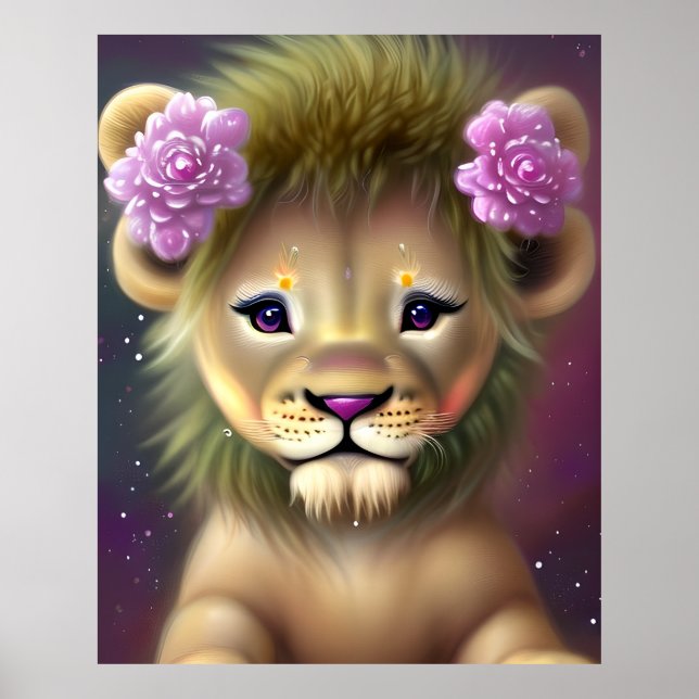 Poster Bebê Leão Fofo com Gráfico de Flores Rosas (Frente)