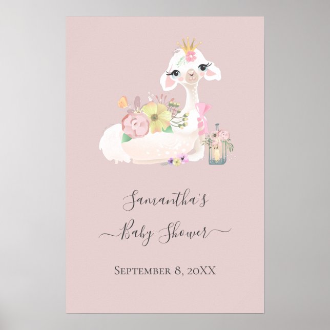 Poster Bebê Llama com Flores Brancas e Rosa Adoráveis (Frente)