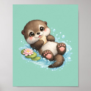 Poster Bebê Lontra Fofo Flutuando na Água Verde Menta