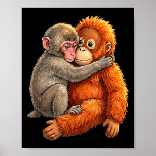 Poster Bebê macaco abraçando macaco fofo de pelúcia macac