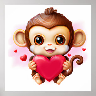 Poster Bebê Macaco Adorável Segurando um Coração Vermelho