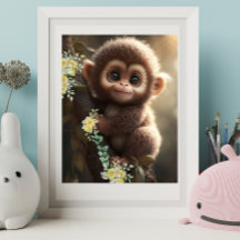 Bebê Macaco Fofo Sentado em uma Árvore com Flores 