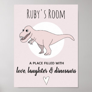 Póster Bebê Menina Doodle Dinossauro Rosa T-Rex Nome Quar