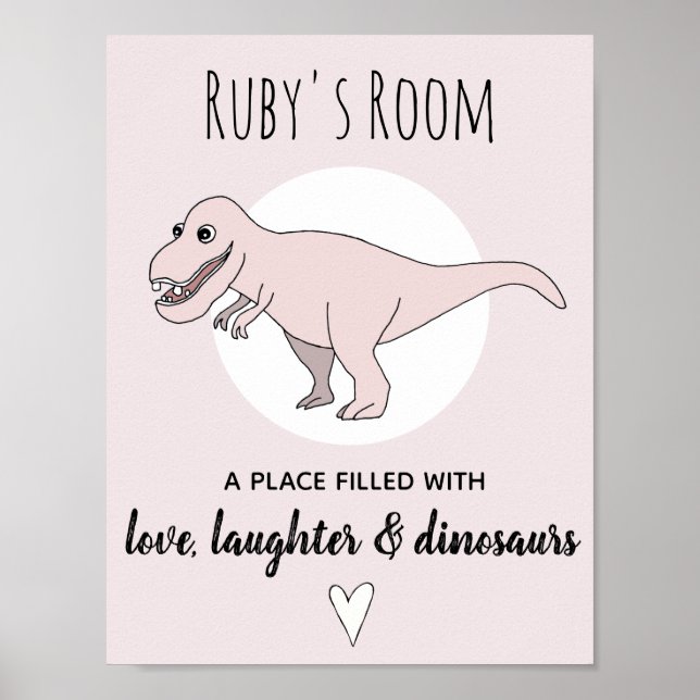 Póster Bebê Menina Doodle Dinossauro Rosa T-Rex Nome Quar (Frente)