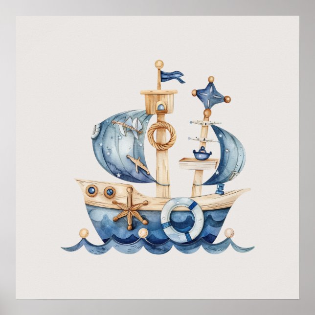 Poster Bebê Menino Azul Náutico Navio à Vela (Frente)