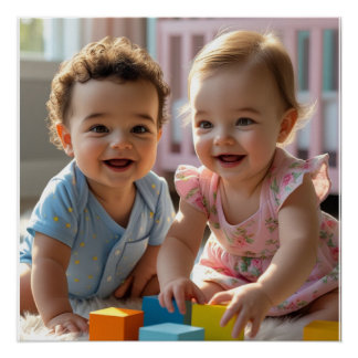 Póster Bebê Menino e Menina Fofos Brincando em uma Creche