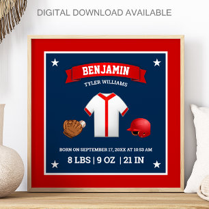 Poster Bebê Menino Jogador de Beisebol Fofo Estatísticas 