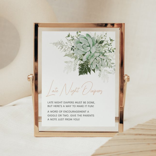 Poster Bebê na Bloomia Suculenta Fralda Noturna Tarde (Succulents Gender Neutral Baby Shower Late Night Diapers Sign)