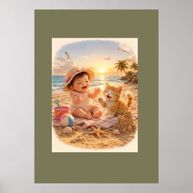 Poster Bebê na Praia e Alegria de Castelo de Areia com Ga (Frente)