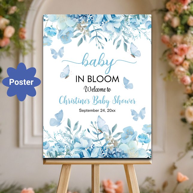 Poster Bebê no Bloom Blue Floral Chá de fraldas Bem-vindo (Criador carregado)