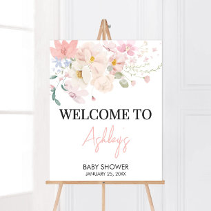 Poster Bebê no Bloom de Chá de fraldas Floral Rosa Bem-vi
