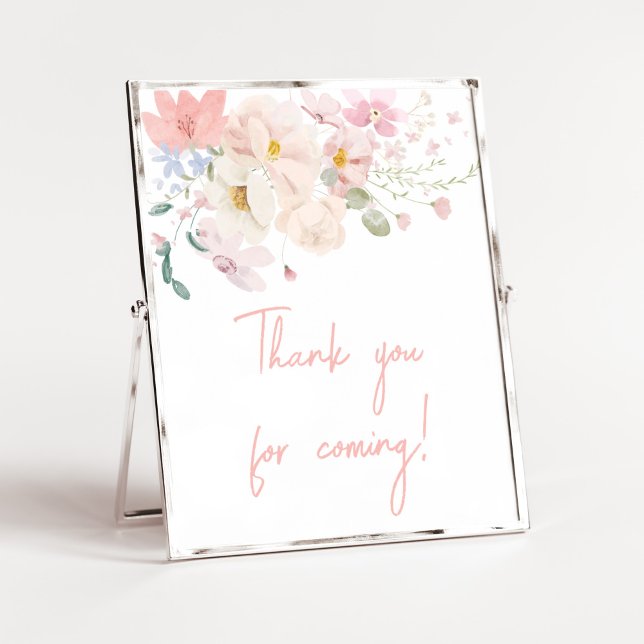 Poster Bebê no Bloom Pink Floral Obrigado por vir (Blush Pink Floral Baby in Bloom Baby Shower Thank you for Coming Sign)