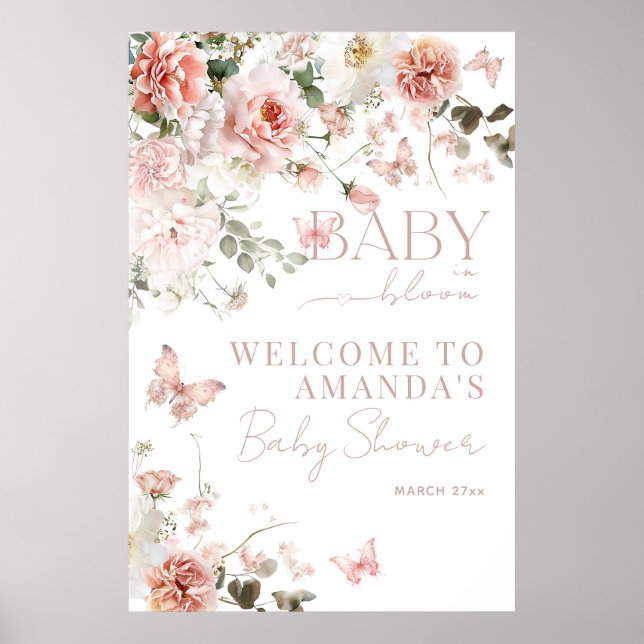 Poster Bebê no Bloom Rosas Rosa Chá de fraldas Floral (Frente)