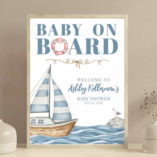 Poster Bebê No Chá de fraldas Náutico Conselho (Baby On Board Nautical Baby Shower Poster )