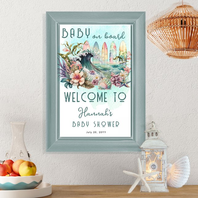 Poster Bebê no Conselho Tropical Surfing Floral Chá de fr (Criador carregado)