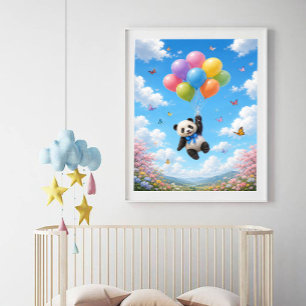 Póster Bebê Panda flutuando balões coloridos