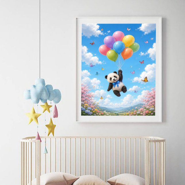 Póster Bebê Panda flutuando balões coloridos (Criador carregado)