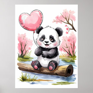 Poster Bebê Panda Fofo com Balão em Forma de Coração - Aq
