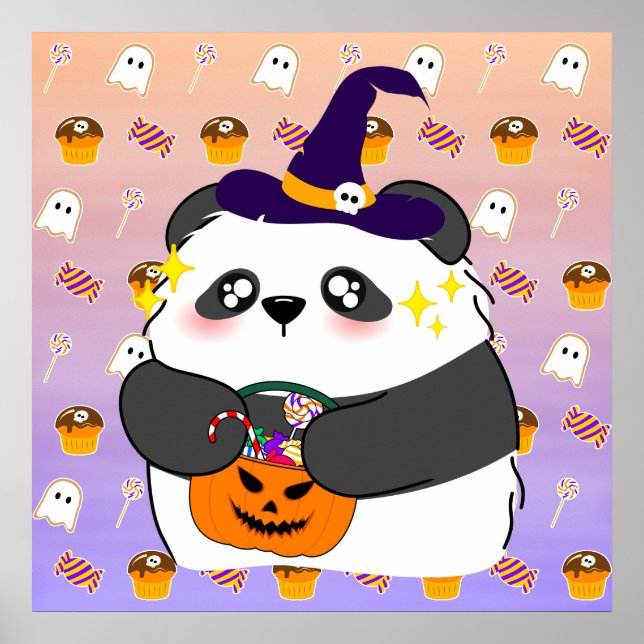 Poster Bebê Panda Fofo no Halloween Pedindo Doces (Frente)