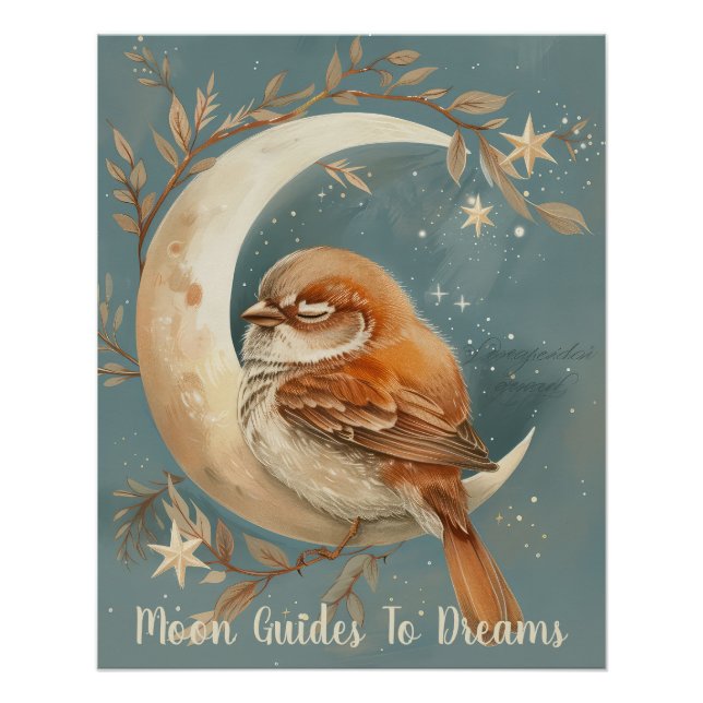 Póster Bebê-pássaro-pardal dormindo na Lua (Frente)