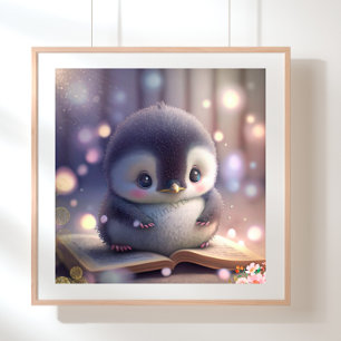 Poster Bebê Pinguim Fofo lendo um livro Arte Berçário