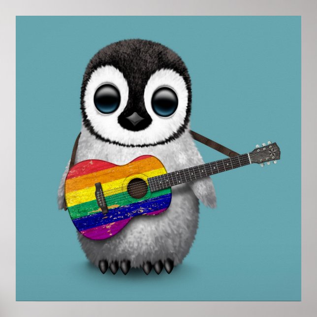 Póster Bebê Pinguim Tocando Pavilhão Arco-Íris Guitarra A (Frente)