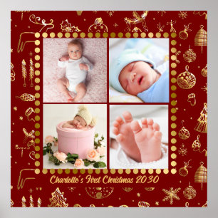 Poster Bebê Primeiro Natal Foto de Flocos de Neve Dourado