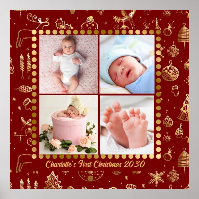Poster Bebê Primeiro Natal Foto de Flocos de Neve Dourado (Frente)