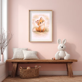 Poster Bebê Raposa Fofa Sala de Berçário Neutra Crianças