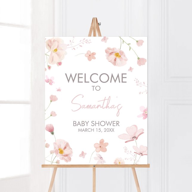 Poster Bebê rosa-rosa-rosa-rosa com boas-vindas (Pink Spring Floral Baby in Bloom Baby Shower Welcome Sign)