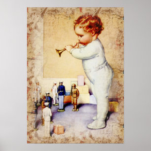 Poster Bebê ruivo soprando chifre para soldados